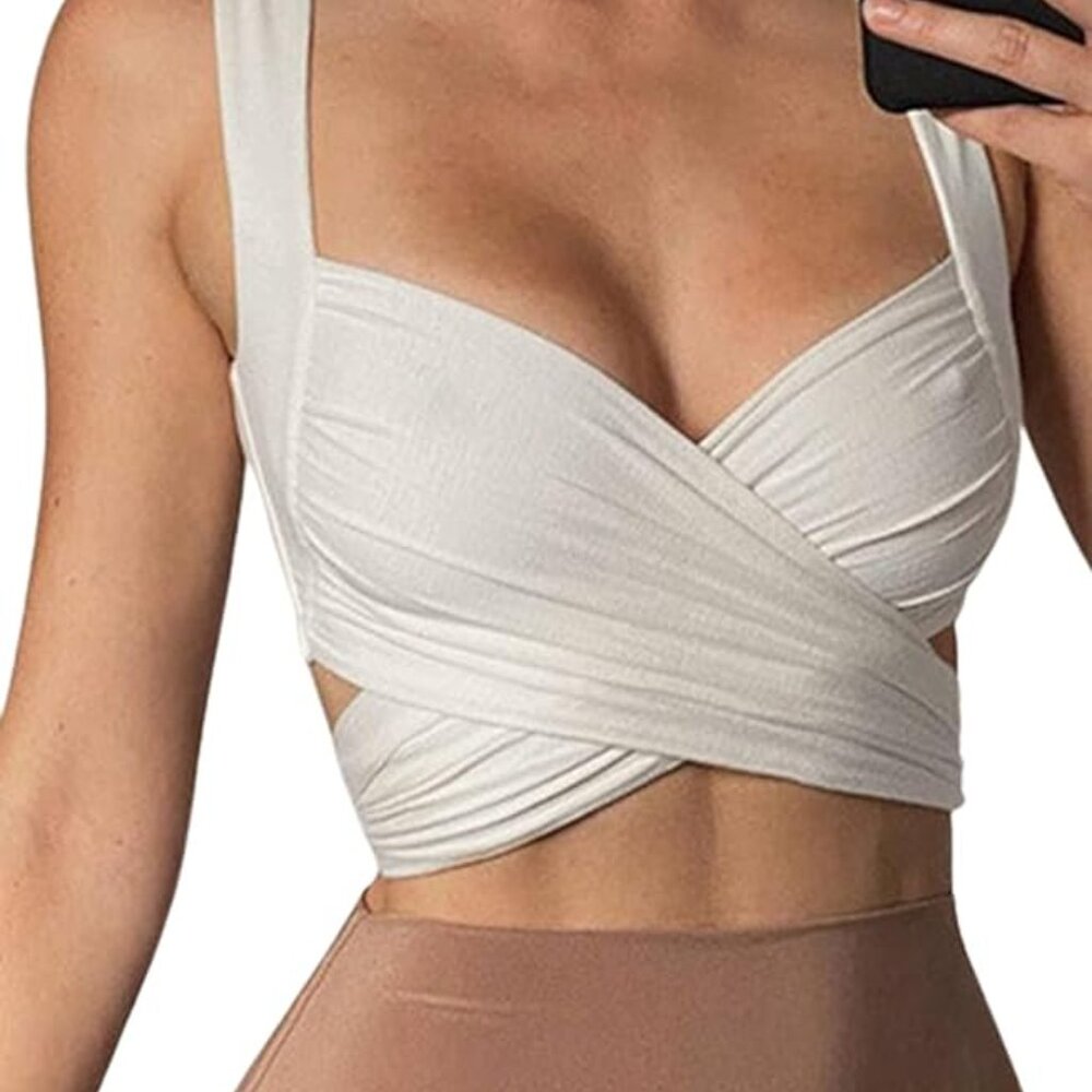 Ruched Criss Cross Tie Wrap Backless Crop Top Sleeveless Tank